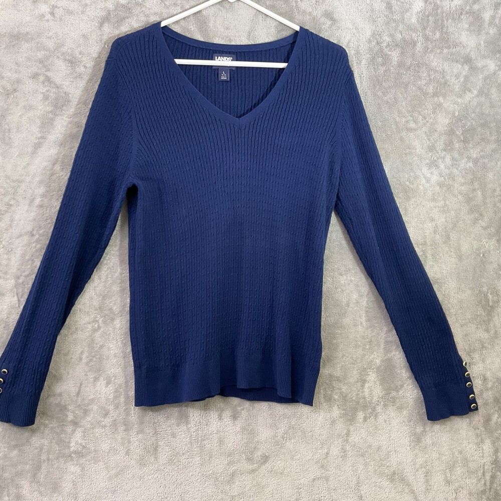 Lands End Cable Knit Sweater Youth Girls Size L 14/16 Blue button sleeve detail